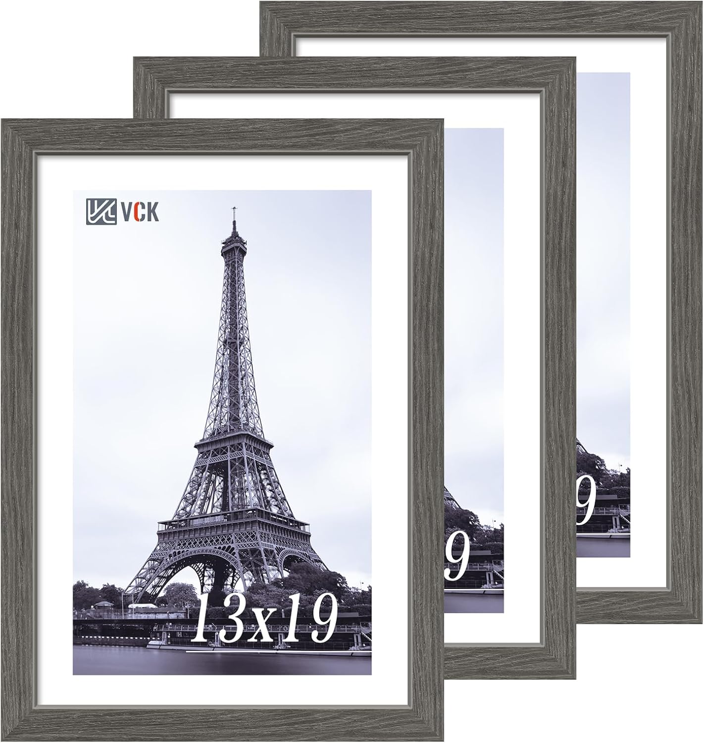 VCK 13x19 Picture Frame Set of 3, Gray Solid Wood Poster Picture Frame, Exclusive Wood Grain, Wall