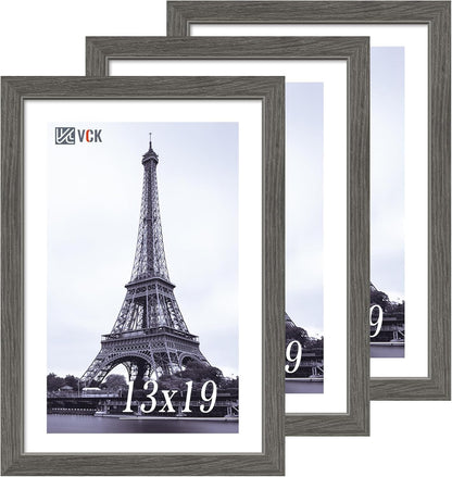 VCK 13x19 Picture Frame Set of 3, Gray Solid Wood Poster Picture Frame, Exclusive Wood Grain, Wall