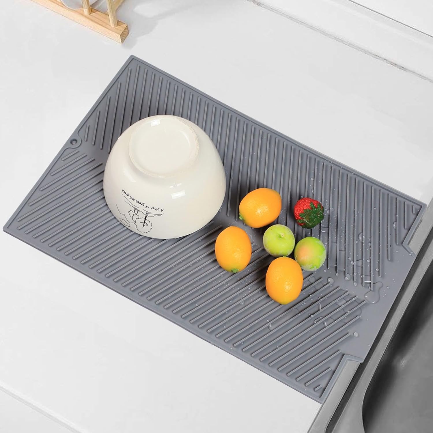 Silicone Dish Drying Mat for Kitchen Counter, 15''x 10'' Drying Mat with Drain Lip, Non-Slip Dish