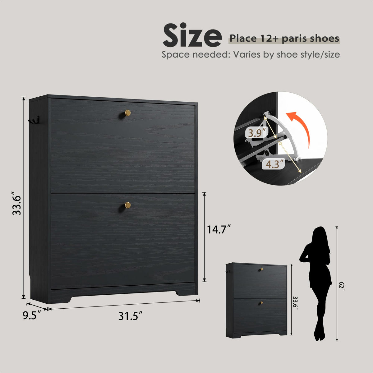 Nicetree Shoe Cabinet with 2 Flip Drawers, Entryway Shoes Organizer, Black