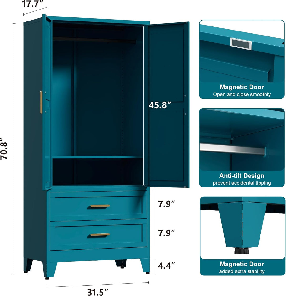 71'' Farmhouse Metal Wardrobe Cabinet with Hanging Rod, 2 Barn Door Wardrobe Closet with Adjustable