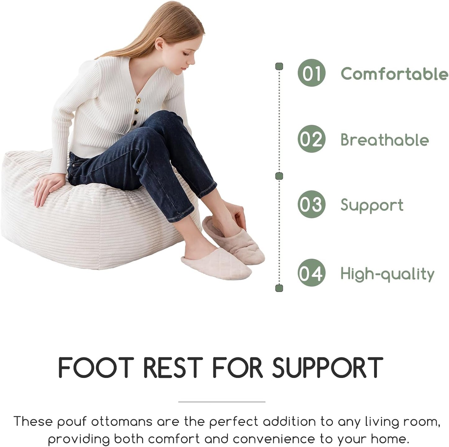 HIGOGOGO Square Stuffed Pouf Ottoman, Corduroy Poufs with Foam Chunk Filling, Furry and Fluffy Pouf