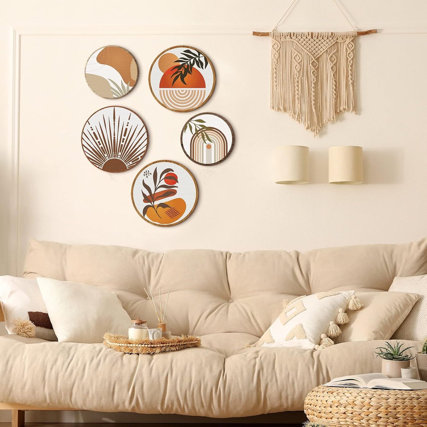 Qunclay 5 Pcs Wall Art Decor Wooden Living Room Wall Decor Bohemian Hanging Farmhouse Geometric