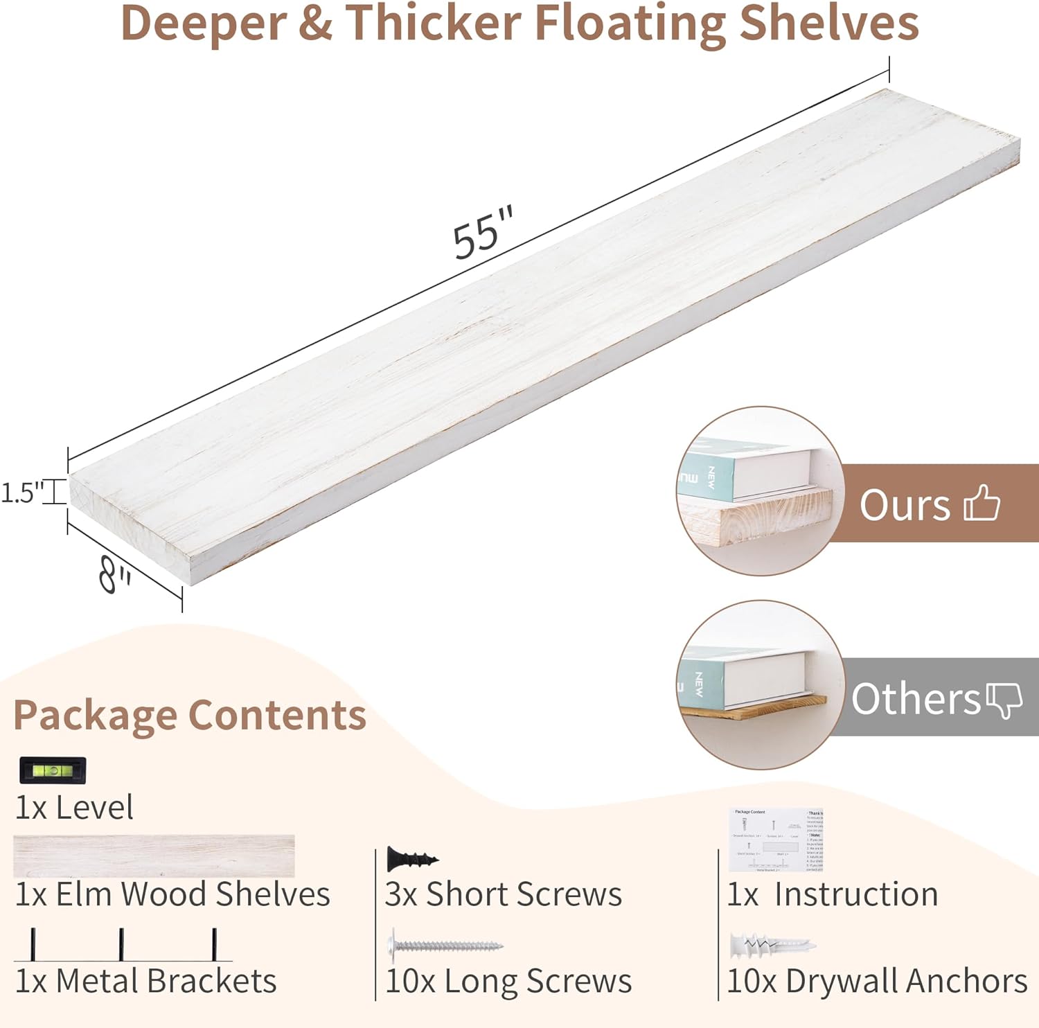 Floating Shelves for Wall, Rustic Elm Wood 56'' W x 8" D Wall Shelf with Invisible Bracket, Large