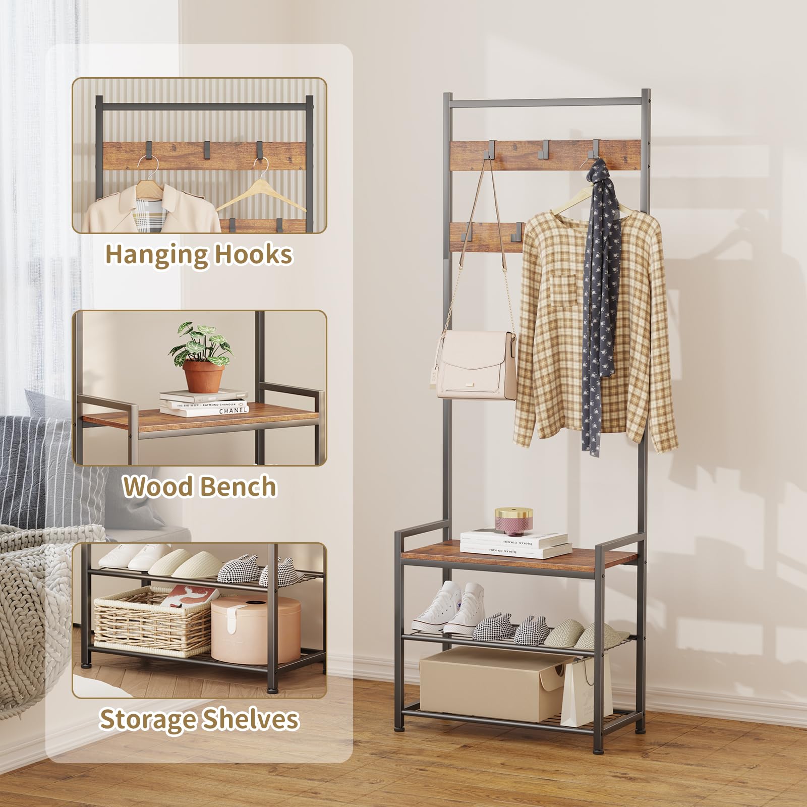 Leadpro Coat Rack Hall Tree with Shoe Storage, Entryway Hall Tree Storage Bench, Wood Look Accent