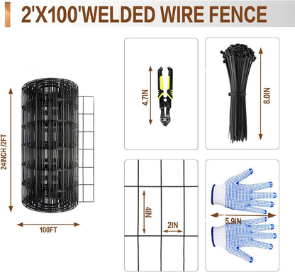 Tongmo 2 ft x 100 ft Black PVC Coated Welded Wire Fence, 16GA Garden Chicken Wire Fence Roll, Mesh