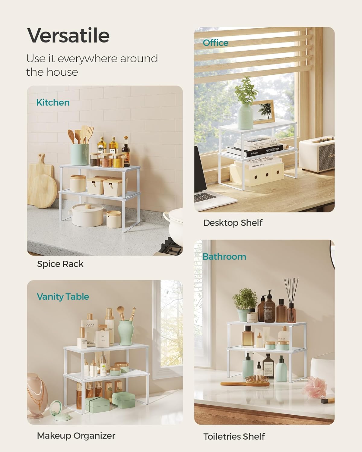 SONGMICS Cabinet Organizer Shelf, Set of 2 Kitchen Counter Shelves, Kitchen Storage, Spice Rack