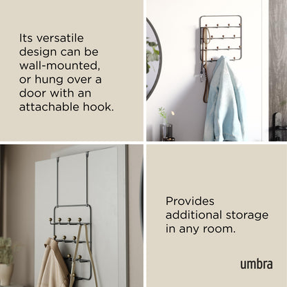 Umbra Estique Coat Rack, Over the Door Wall Hooks, 14 Hook, Black/Walnut