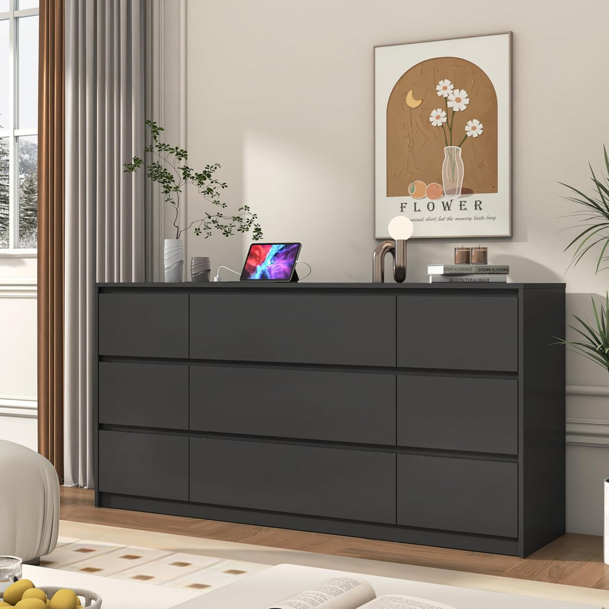 Black malm Dresser for Bedroom, 63 Inch Long 9 Drawers Dresser with Charging Station, Modern Large