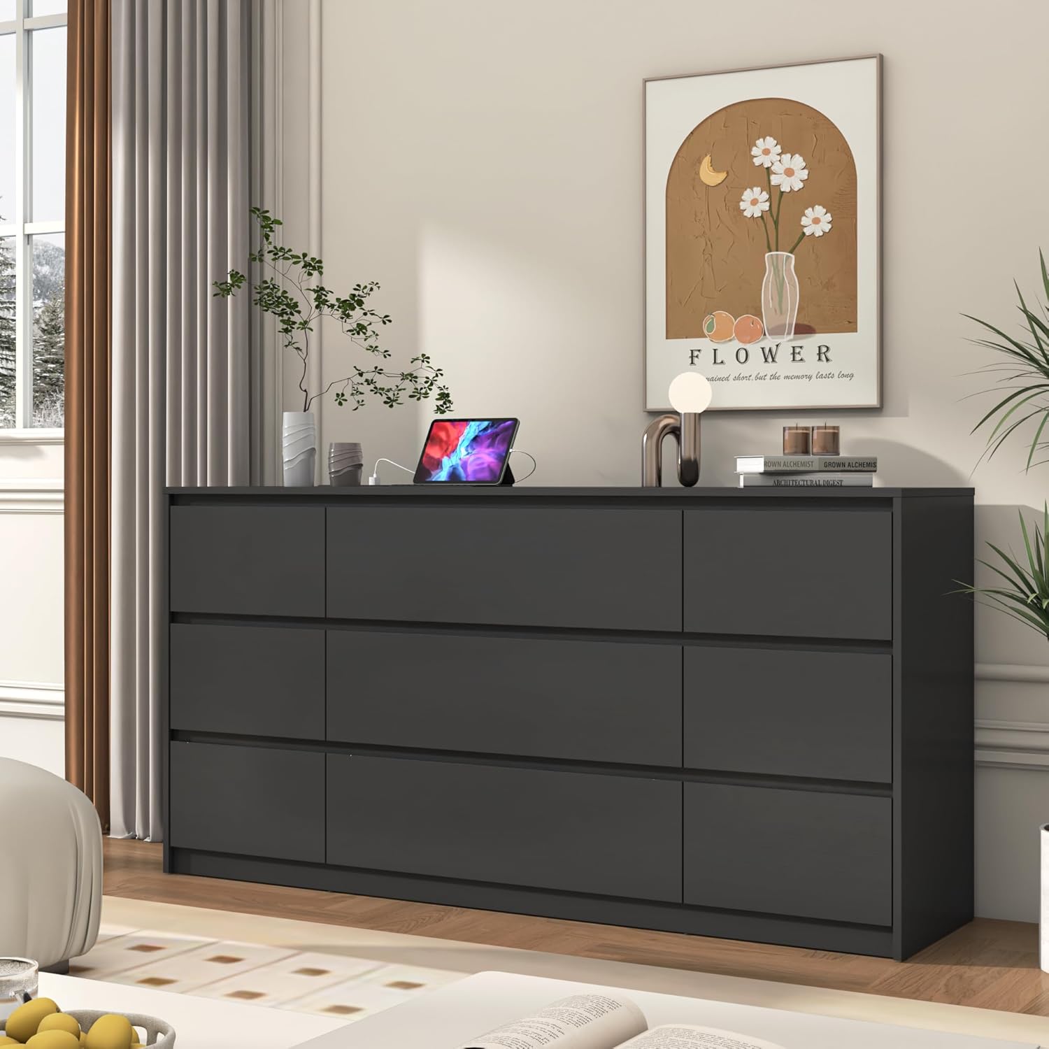 Black malm Dresser for Bedroom, 63 Inch Long 9 Drawers Dresser with Charging Station, Modern Large