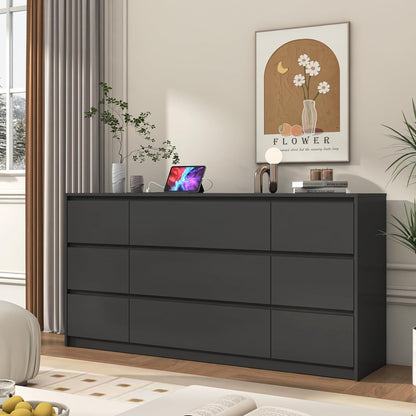 Black malm Dresser for Bedroom, 63 Inch Long 9 Drawers Dresser with Charging Station, Modern Large