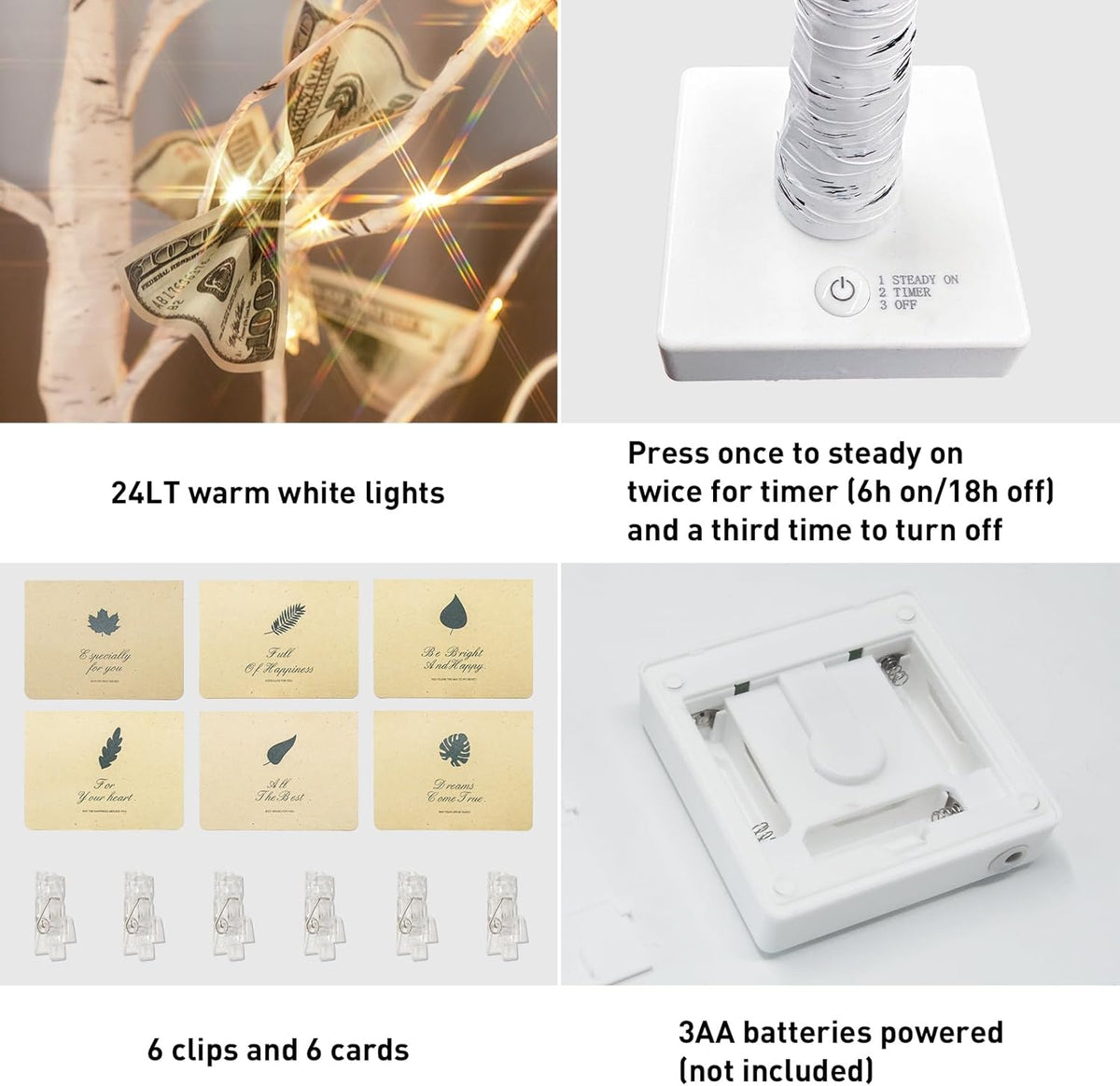 PEIDUO Money Tree, 22 Inch Gift Card Tree Holder with 6 Clips and 6 Greeting Cards, 24 Warm White