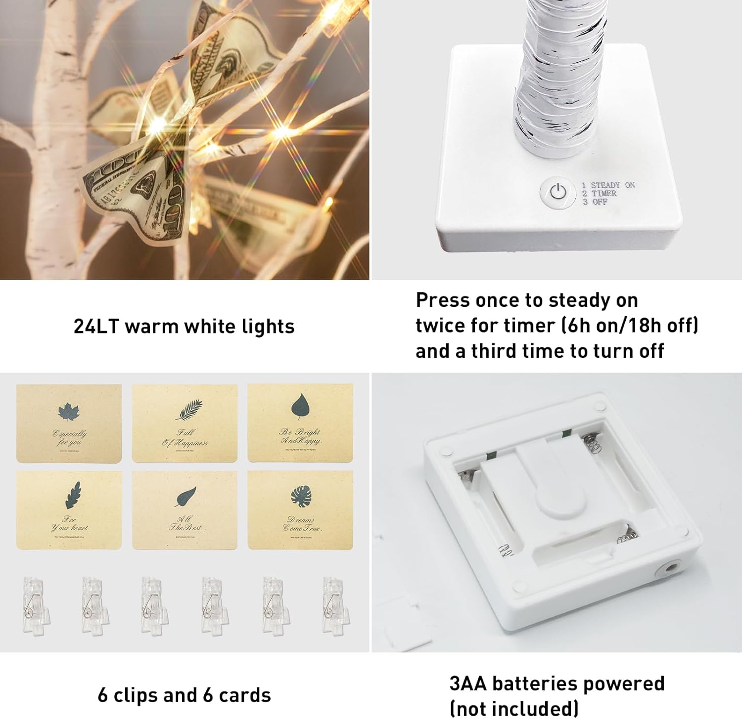 PEIDUO Money Tree, 22 Inch Gift Card Tree Holder with 6 Clips and 6 Greeting Cards, 24 Warm White
