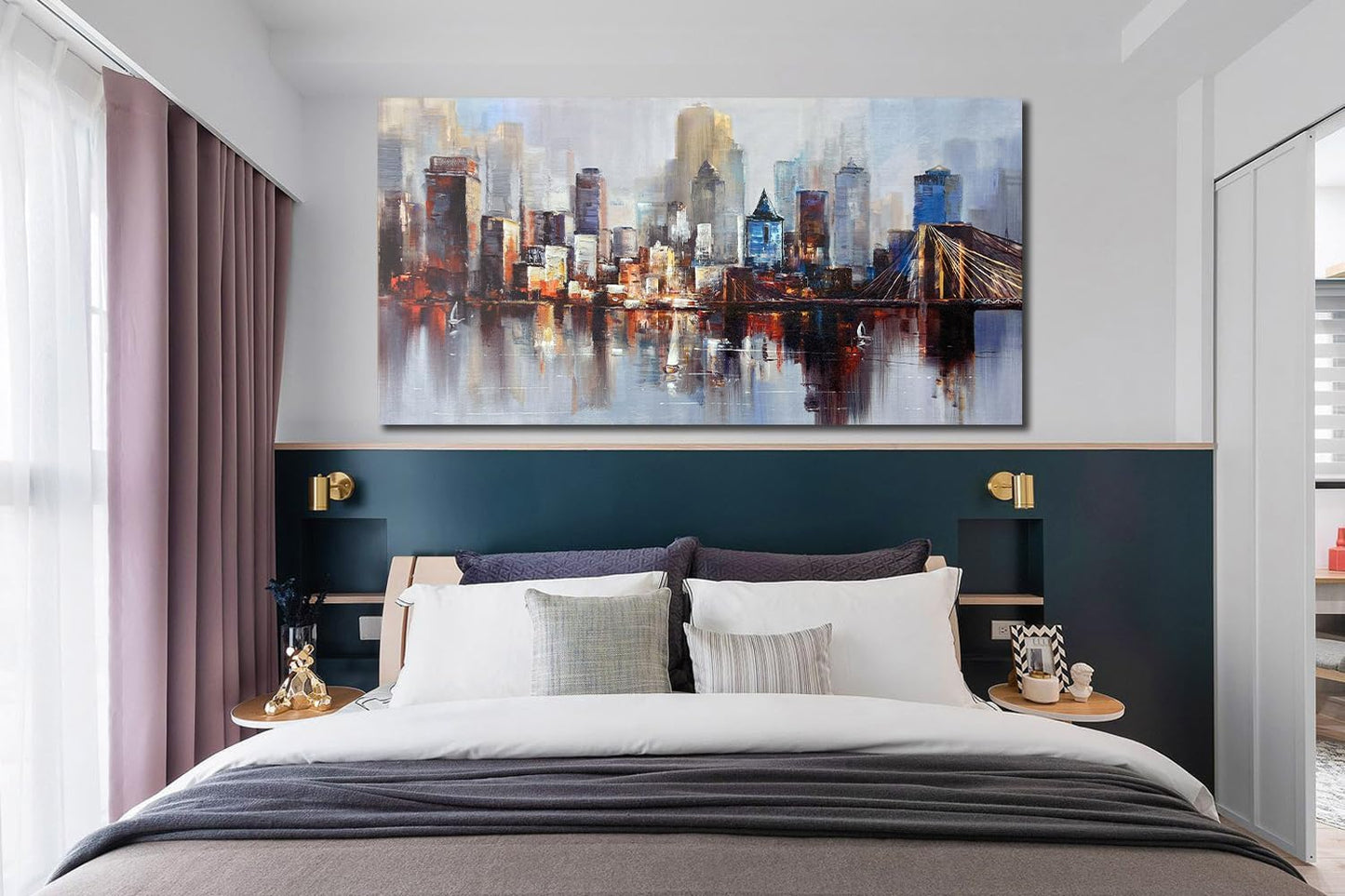 Arjun Brooklyn Bridge Wall Art Modern New York City Abstract Canvas Cityscape Painting, NYC Skyline