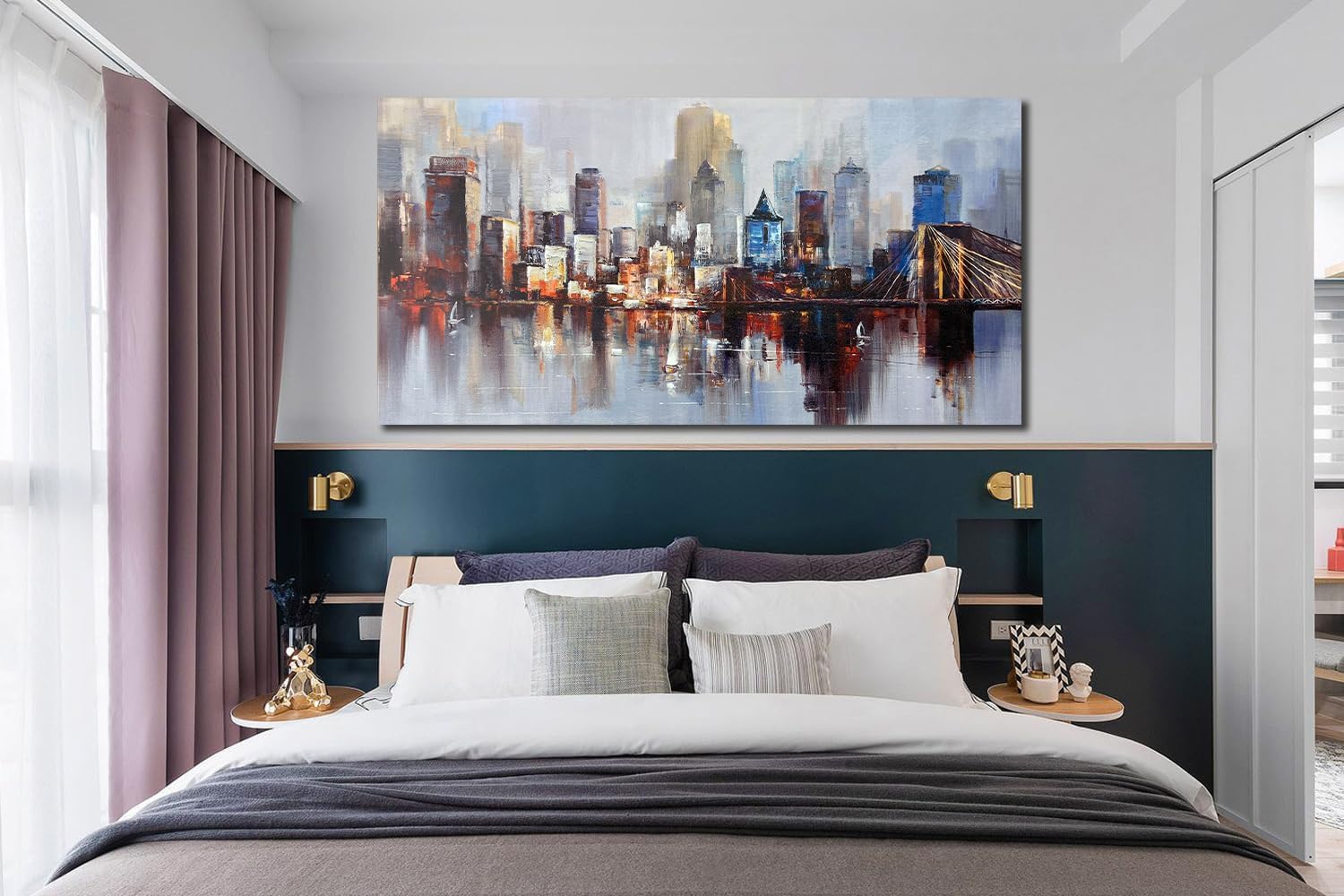 Arjun Brooklyn Bridge Wall Art Modern New York City Abstract Canvas Cityscape Painting, NYC Skyline