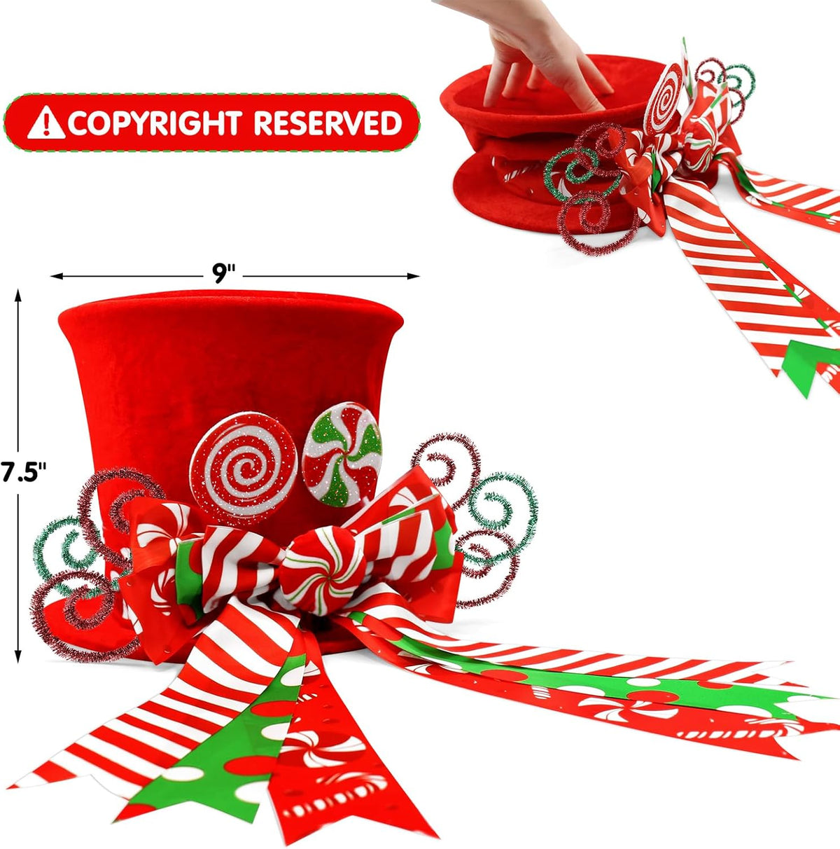 Christmas Candy Canes Tree Topper Red Hat with Peppermint Bows Ornament Winter Lollipop Holiday