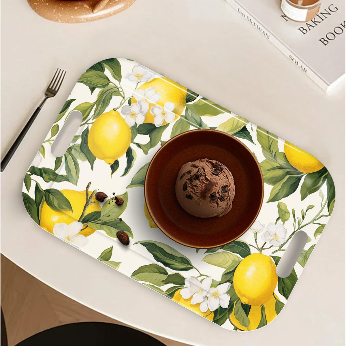Serving Trays with Handles, 14.5 x 9.8 inch Rectangular Plastic Tray for Restaurant, Kitchen, Lemon