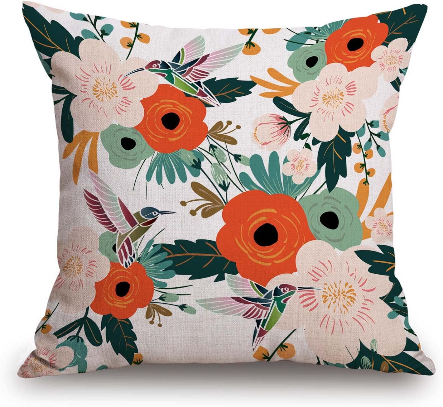 TSSOHU Flower and Hummingbird Pillow Cover Cotton Linen Spring Red Flower Green Leaves Boho