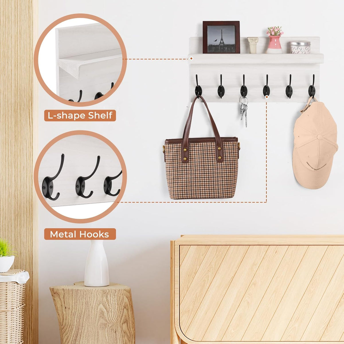 Shelf with Hooks, Coat Rack Wall Mount with 6 Double Metal Hooks, 17 Inch Farmhouse Wall Hooks with
