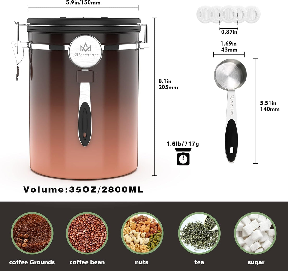 35OZ Coffee Canister for ground coffee with Date Tracker,copper color 304 Stainless Steel Kitchen
