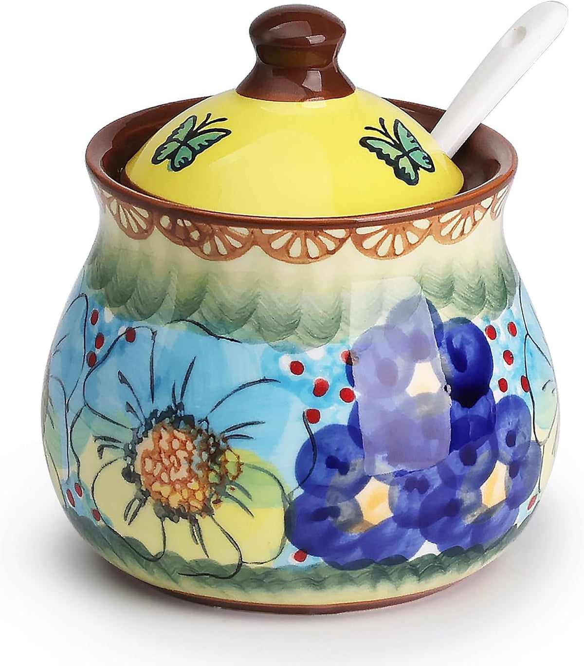 silesia Handmade Sugar Bowl with Lid and Spoon, 9 Ounce Ceramic Hand-Painted Sugar Jar for Home in