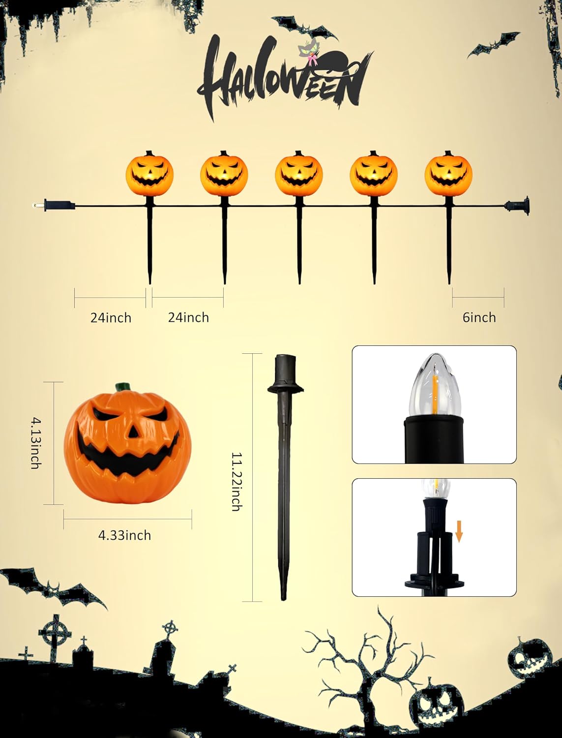 Classic Halloween Charm: 5 Pack UL-Listed Pumpkin Pathway Lights,Warm & Steady Plug-in Jack o'