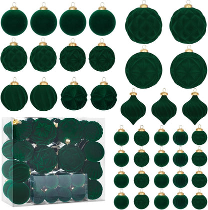 46PCS Velvet Christmas Ball Ornaments Set, Flocked Shatterproof Xmas Tree Decor, Assorted Hanging
