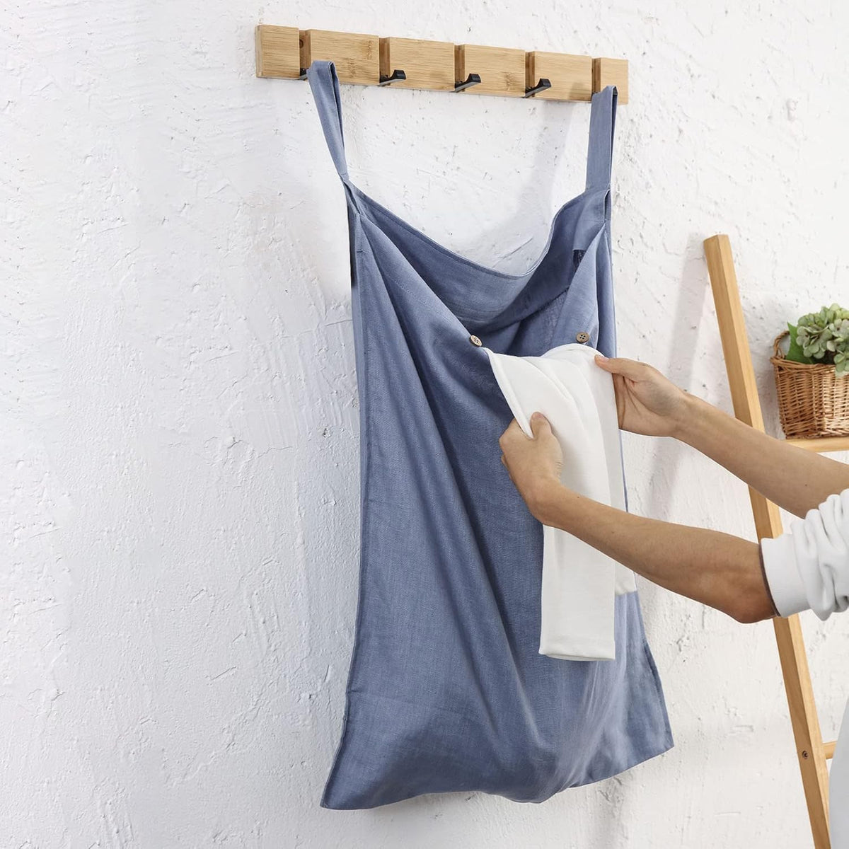 Linen Hanging Laundry Bag, 100% Linen Over The Door Laundry Hamper with Buttons and Zipper, Space