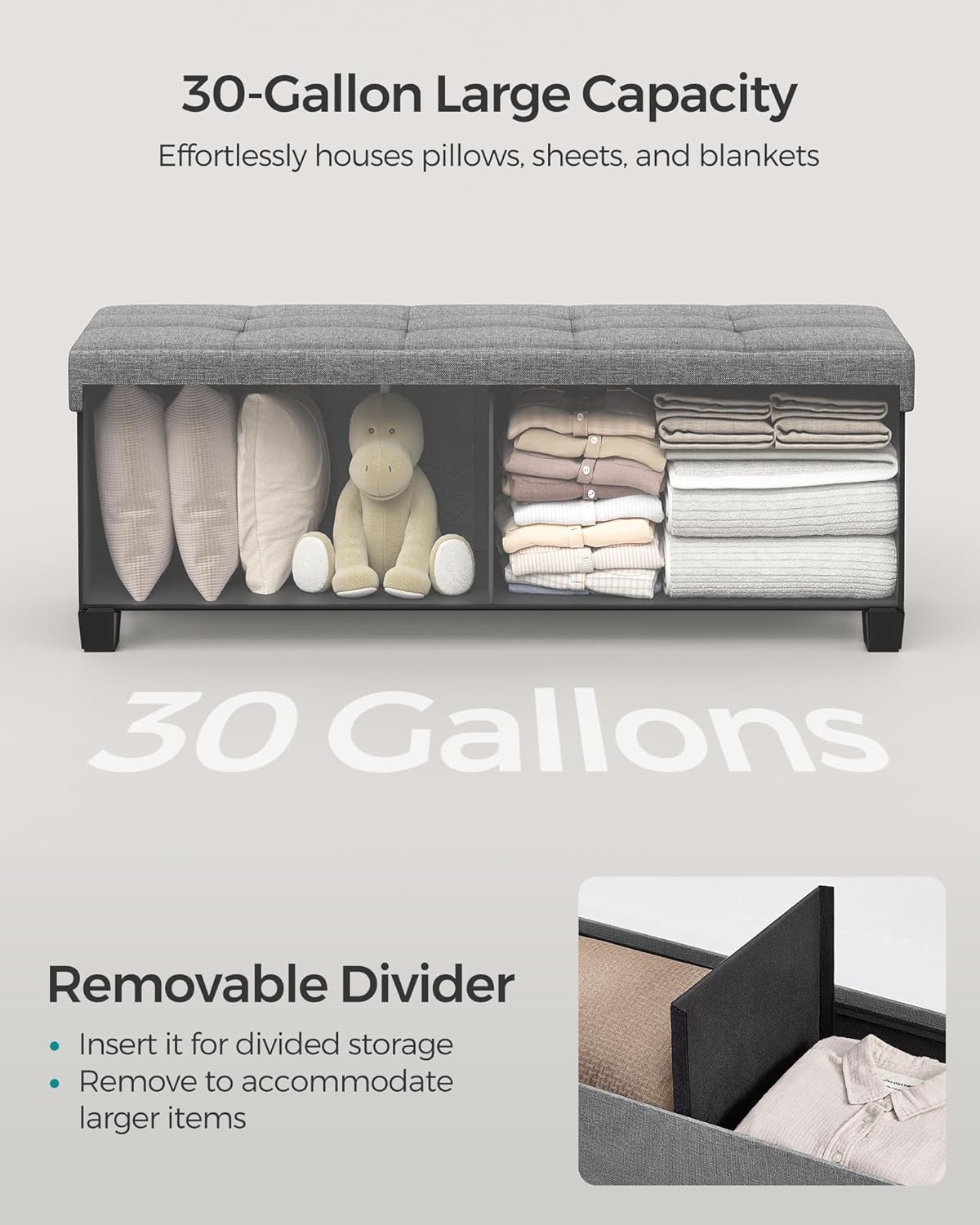 SONGMICS Storage Ottoman Bench, Foldable Foot Rest with Legs, 15 x 43 x 15.7 Inches, End of Bed