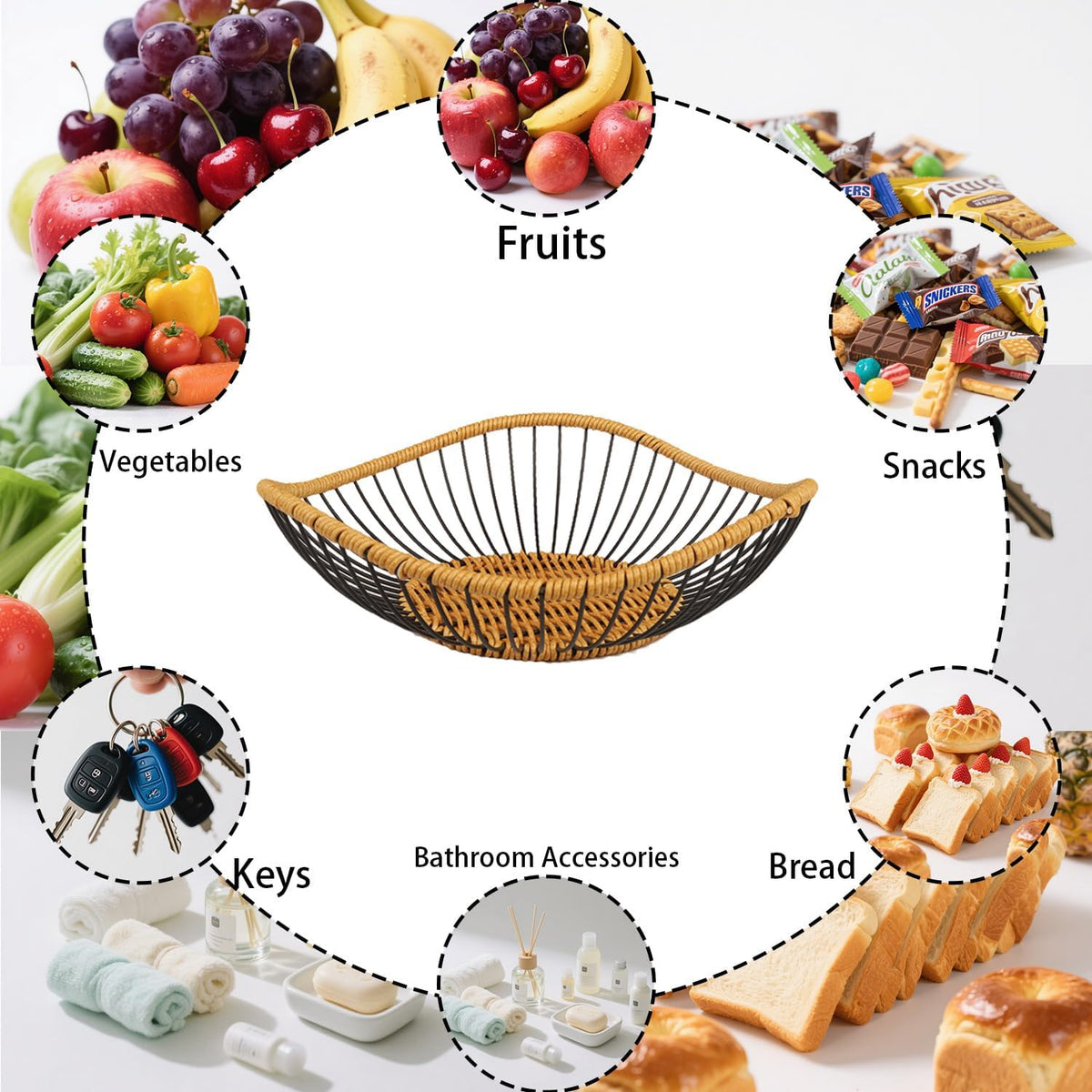 Vine Woven Iron Fruit Bowl, Metal Wire Fruit Basket, Vegetable Drain Basket, Storage Baskets for