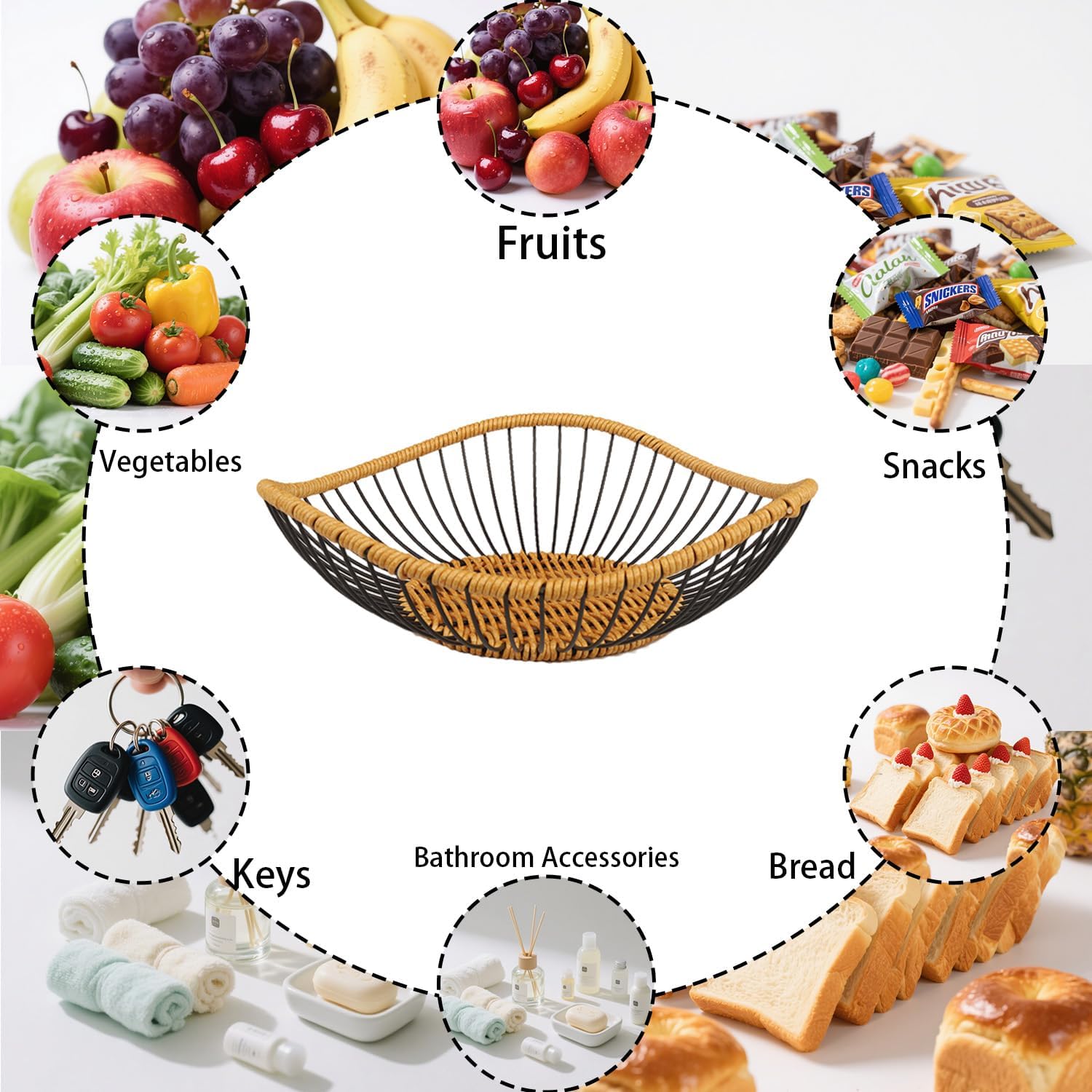 Vine Woven Iron Fruit Bowl, Metal Wire Fruit Basket, Vegetable Drain Basket, Storage Baskets for