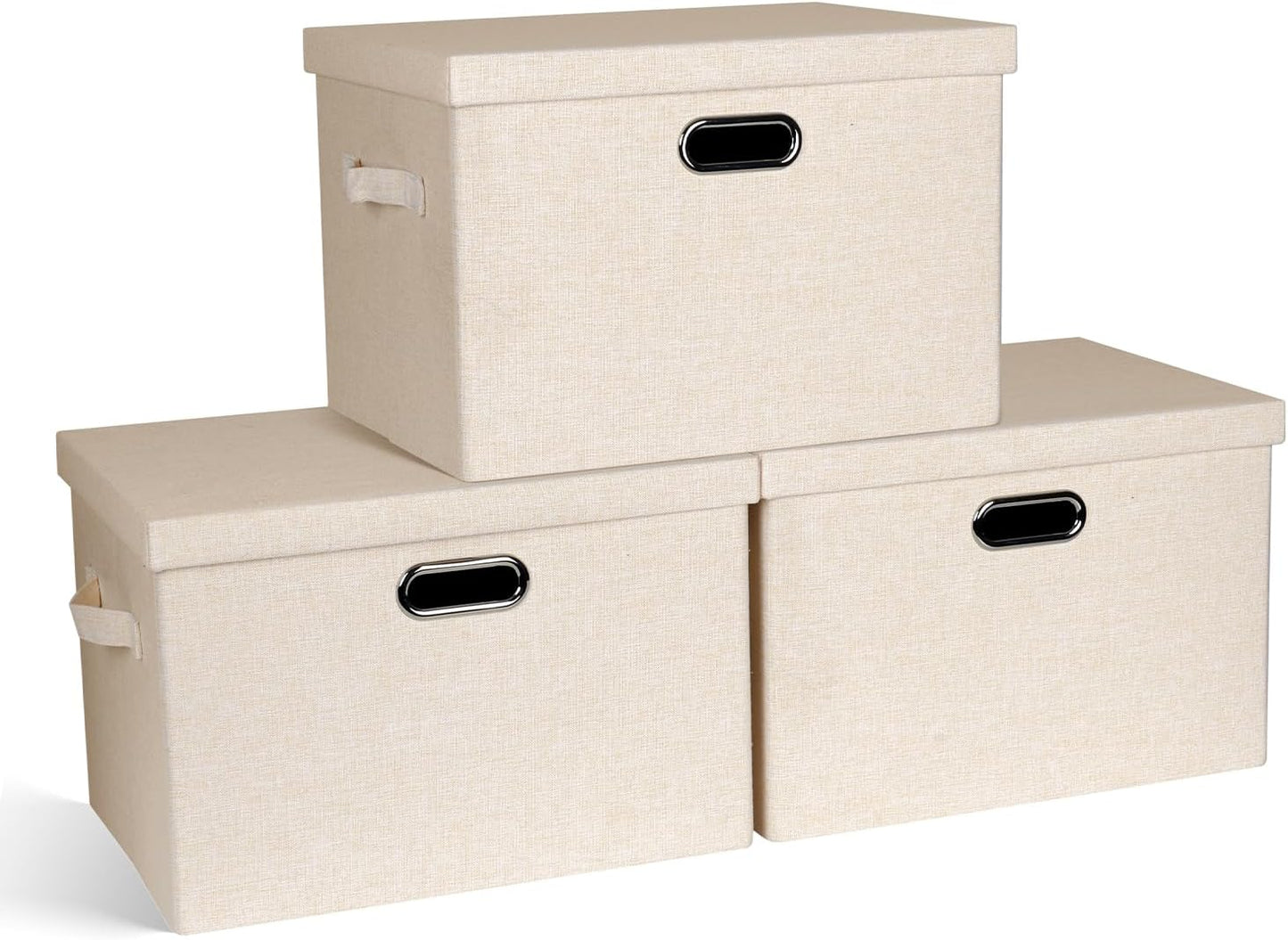 Large 17" 36 Quart Collapsible Stackable Storage Bins with Lids, 3 Packs Light Orange Linen Fabric
