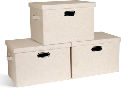 Large 17" 36 Quart Collapsible Stackable Storage Bins with Lids, 3 Packs Light Orange Linen Fabric