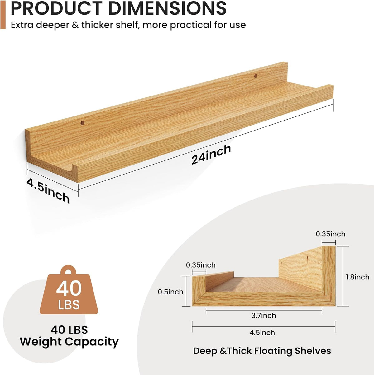 Fun Memories Picture Ledge Shelves Set of 2, 24 Inch Rustic Wall Mounted Floating Shelves with Lip
