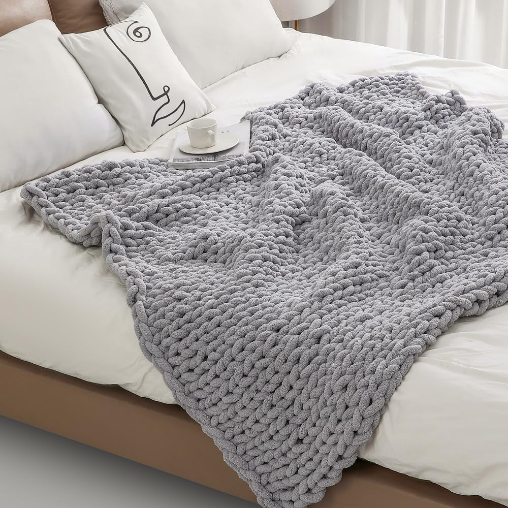 Chunky Knit Blanket Throw 40"×40", Hand Knitted Warm Chenille Throw Blanket, Home Decor Soft Thick