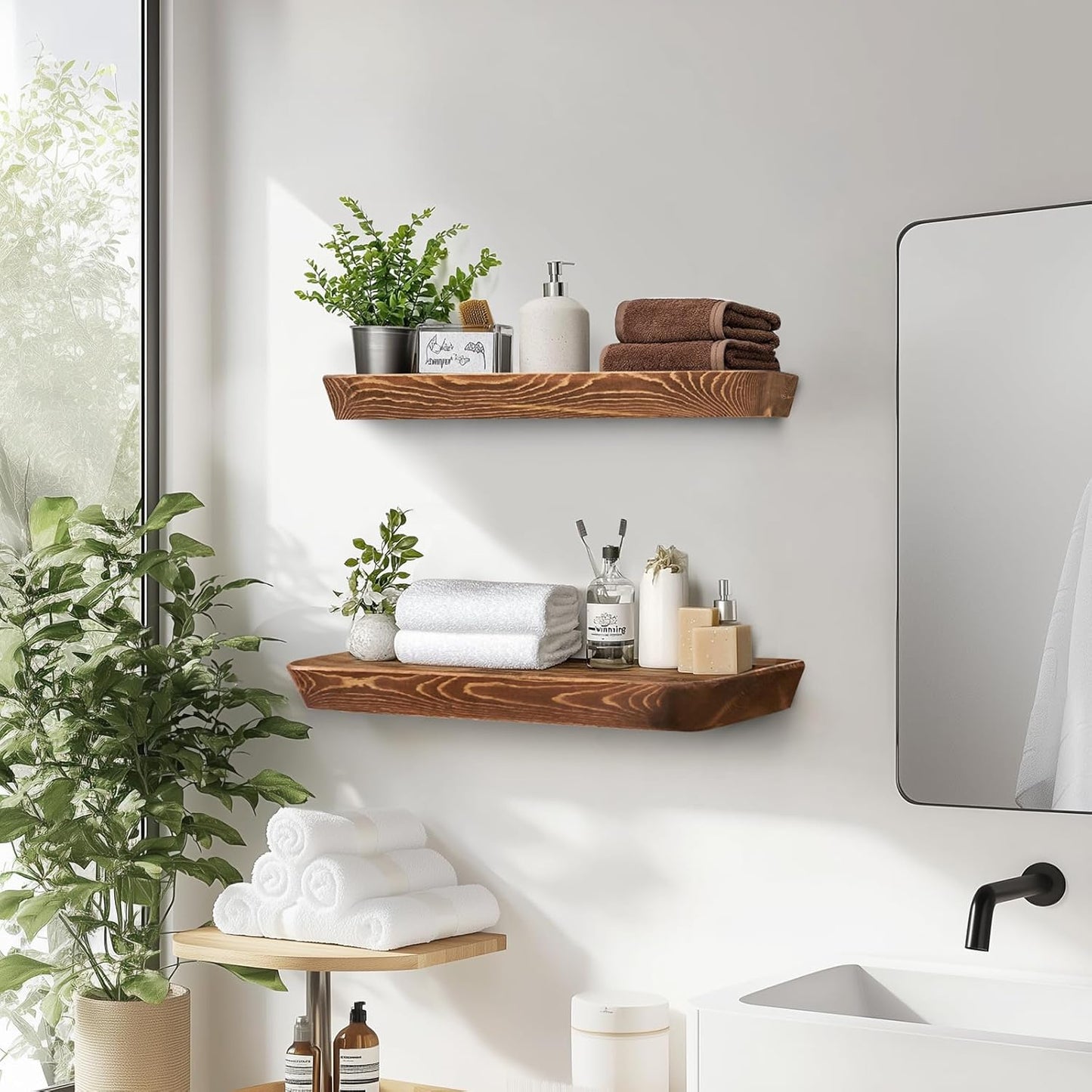 16"x6.8"x1.6" Slanted Floating Wall Shelves 2-Pack - Rustic Brown Finish, Heavy-Duty Solid Wood