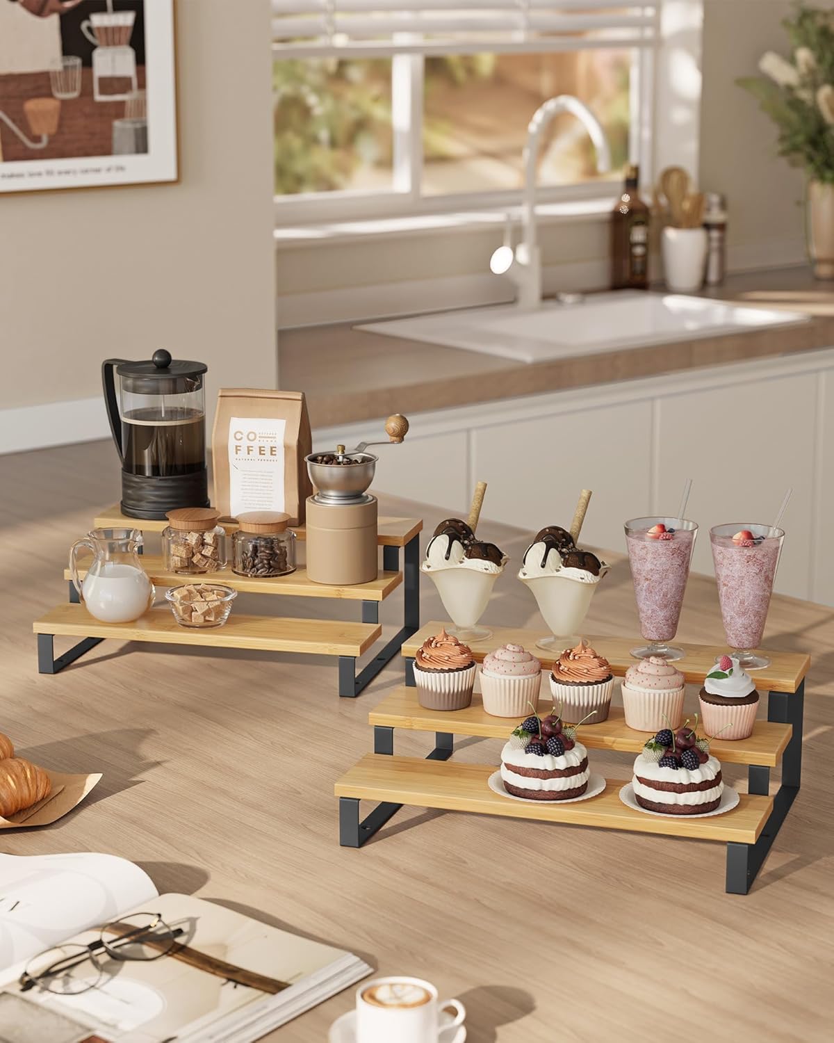 SONGMICS Display Risers, Set of 2 Engineered Wood Perfume Organizer Stand, 3-Tier Cupcake Stand