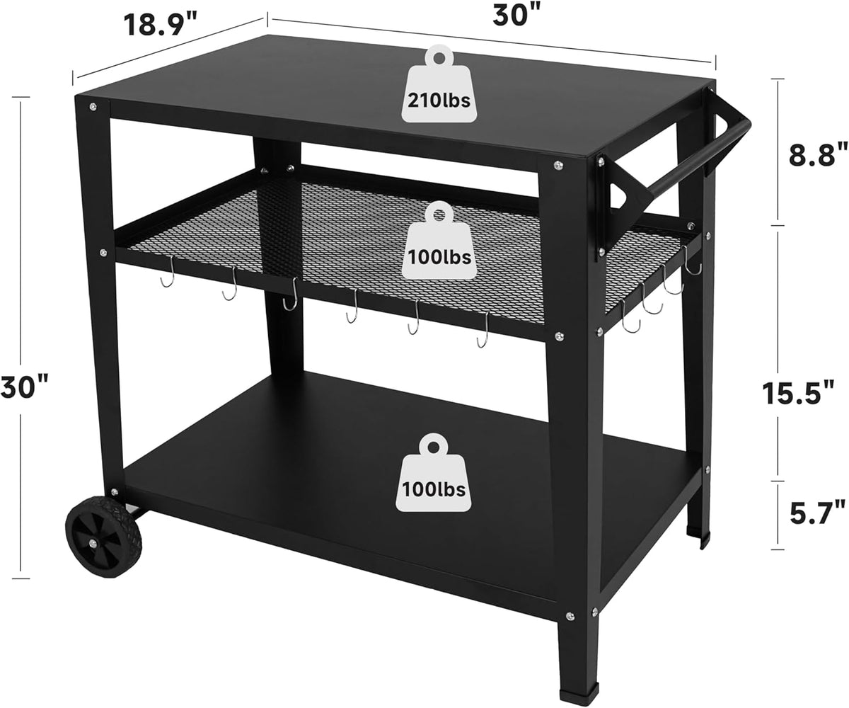 Black Outdoor Grill Cart with Wheels, Heavy-Duty 3-Tier BBQ Prep Table for Pizza Oven, Griddle