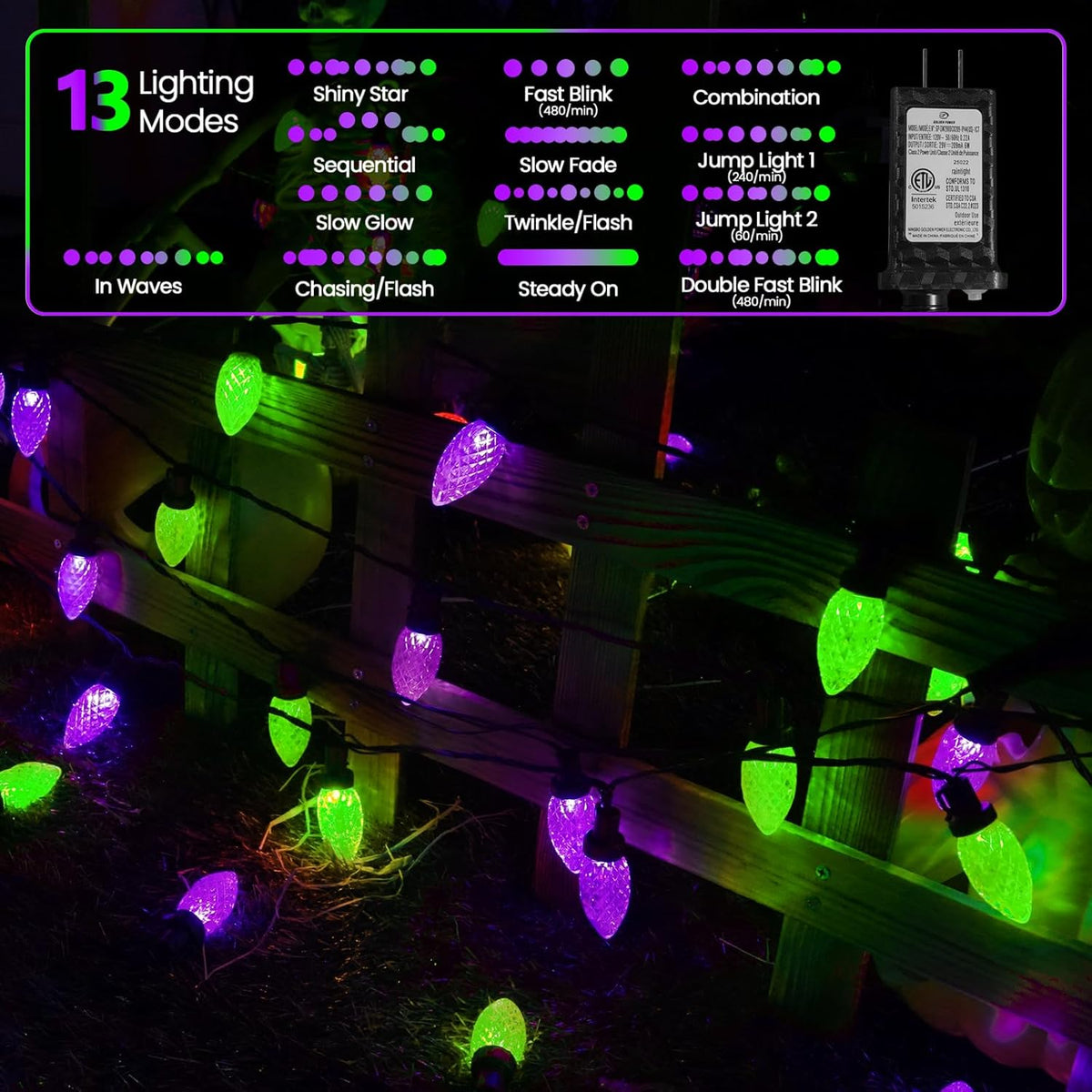 Extendable Purple and Green 2PK 100 LED C9 Halloween Lights Indoor Outdoor Waterproof, 98FT Super