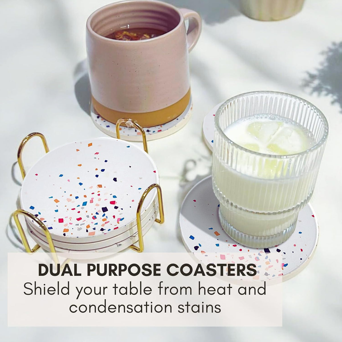 Terrazzo Drink Absorbent Coasters with Holder Set of 6, Ceramic Coaster for Drinks, Coffee Table