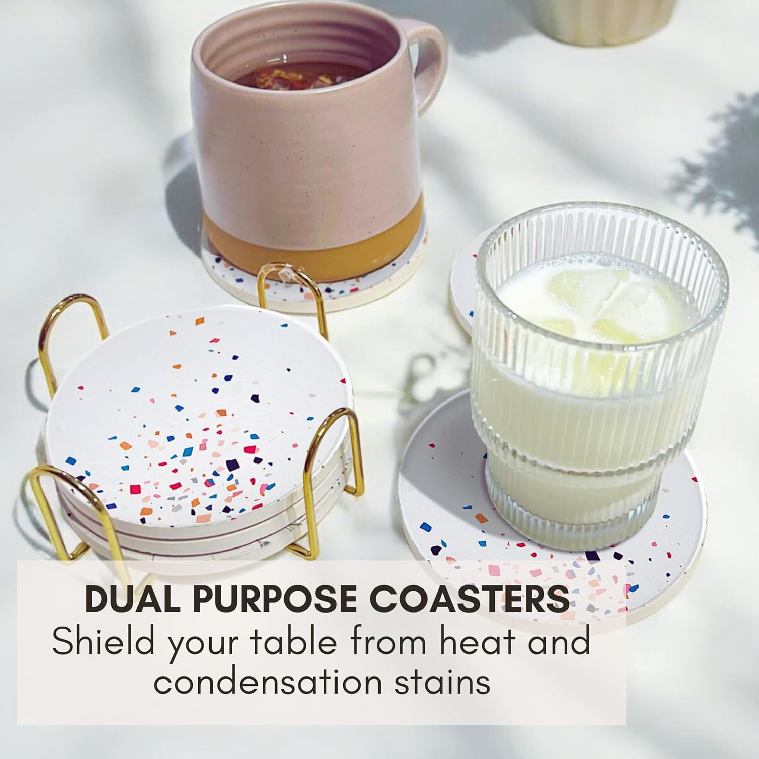 Terrazzo Drink Absorbent Coasters with Holder Set of 6, Ceramic Coaster for Drinks, Coffee Table