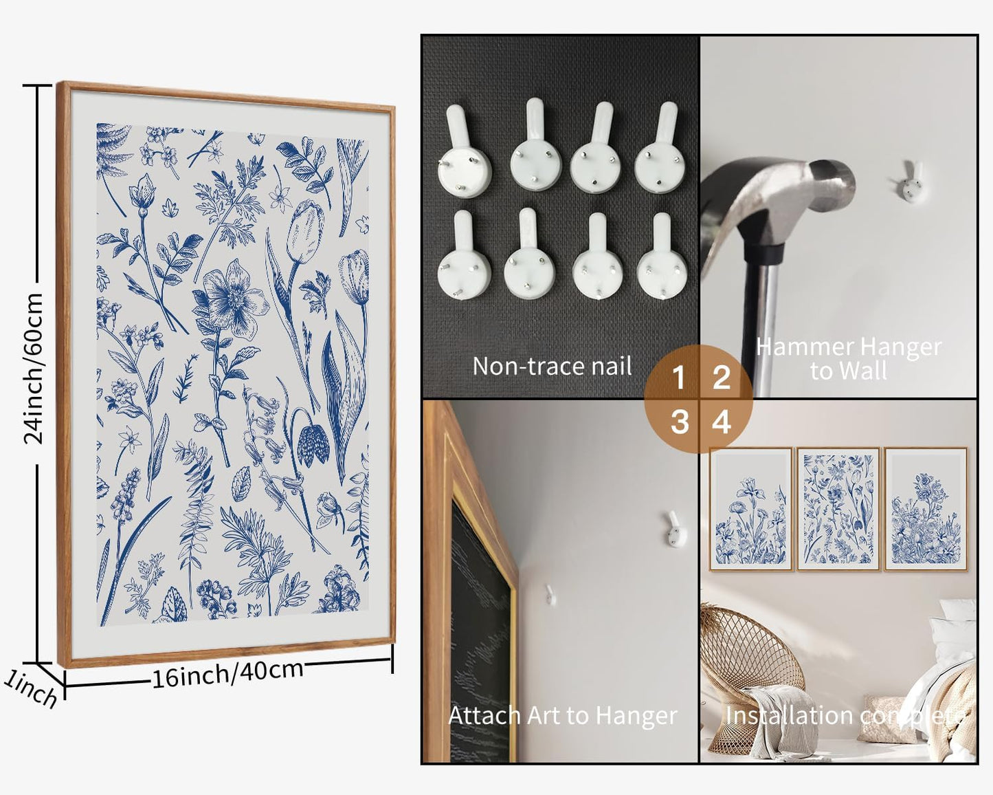 SIGNINART Classic Chinoiserie Botanical Framed Canvas Wall Art, Blue and White Floral Wall Decor