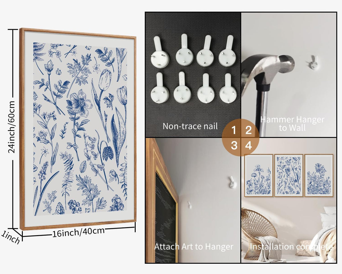 SIGNINART Classic Chinoiserie Botanical Framed Canvas Wall Art, Blue and White Floral Wall Decor