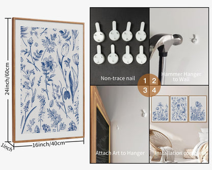 SIGNINART Classic Chinoiserie Botanical Framed Canvas Wall Art, Blue and White Floral Wall Decor