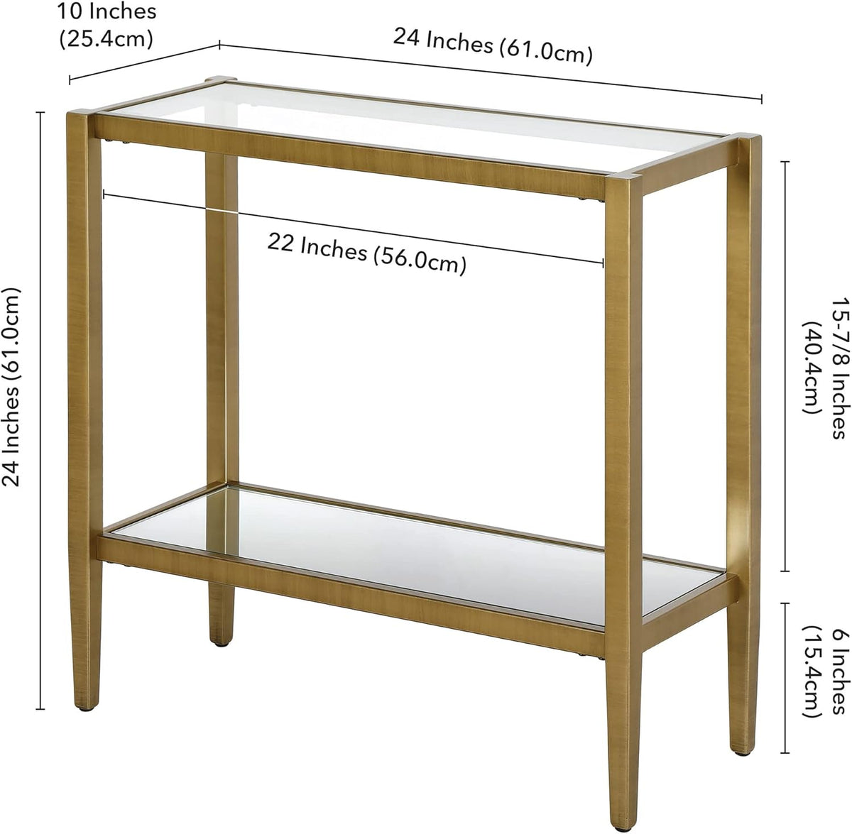 Henn&Hart 24" Wide Rectangular Side Table with Glass Shelf in Antique Brass, Table for Living Room