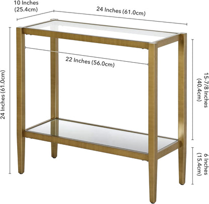 Henn&Hart 24" Wide Rectangular Side Table with Glass Shelf in Antique Brass, Table for Living Room