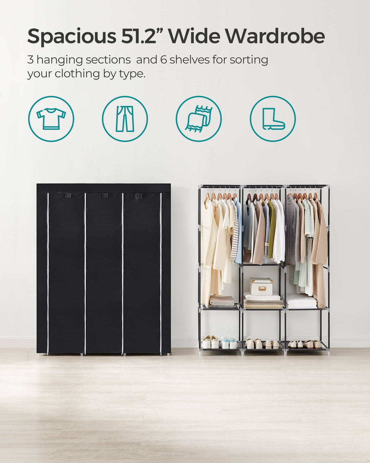 SONGMICS Portable Closet with Cover, 3 Hanging Rods and Shelves