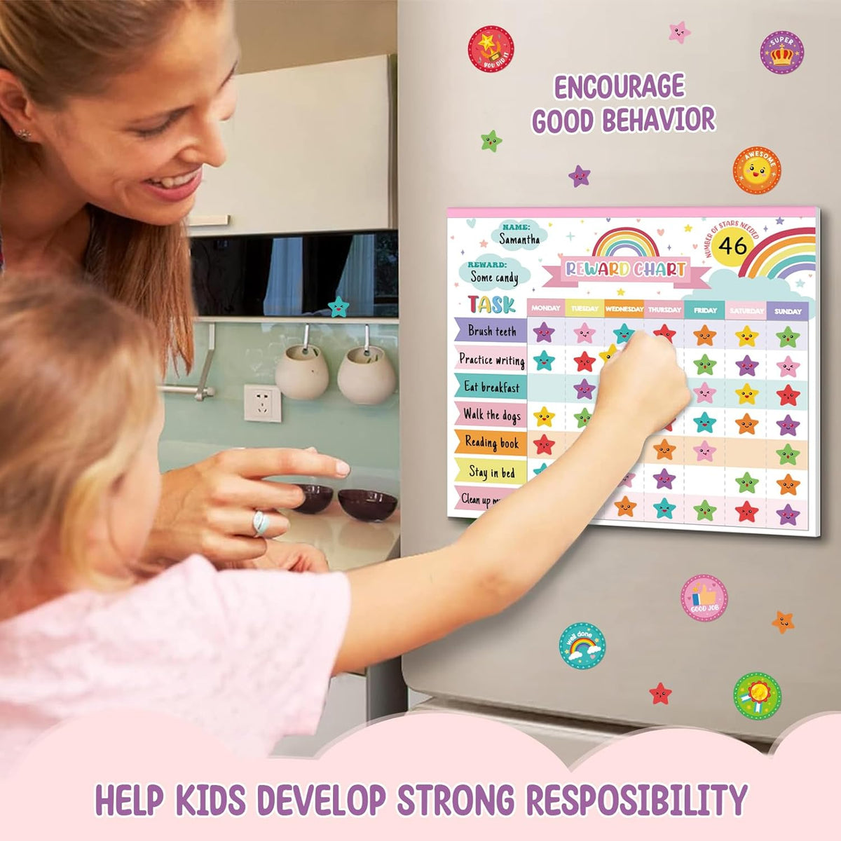 Reward Chart for Kids,Magnetic Behavior Chore Chart for Kids at Home,26 Rainbow White Chore