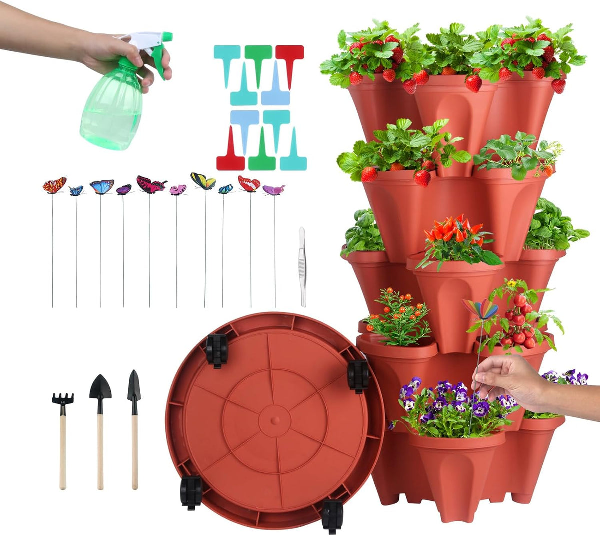 DUNCHATY Stackable Planter, Vertical Strawberry Planter with Garen Tool Set, Self Watering Garden