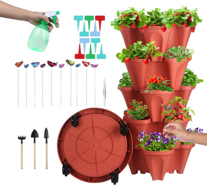 DUNCHATY Stackable Planter, Vertical Strawberry Planter with Garen Tool Set, Self Watering Garden